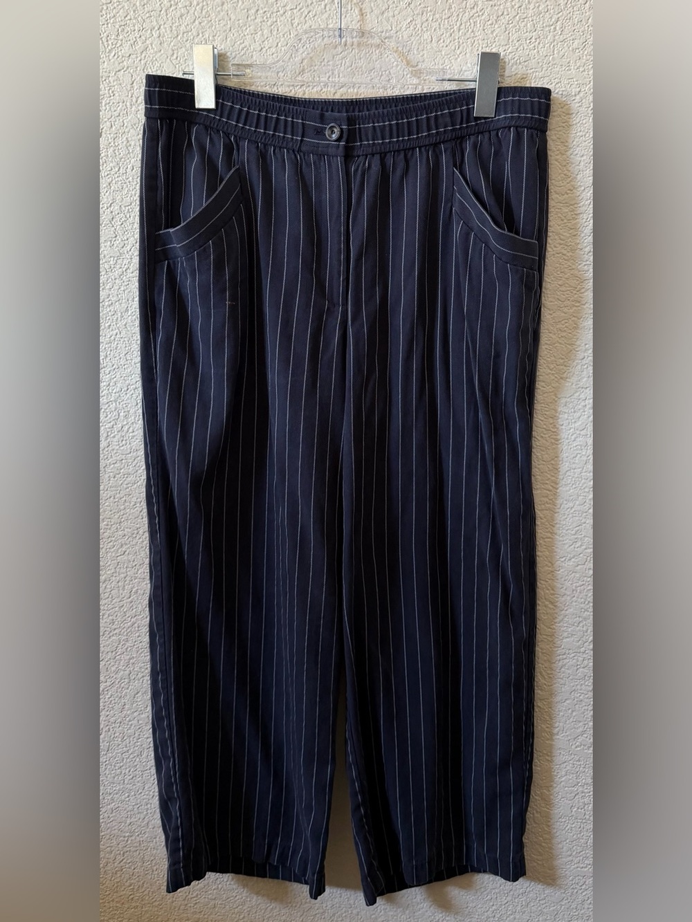 Eileen Fisher Medium Navy Woven Tencel Grain Stripe Wide Leg Crop Trouser Pant
